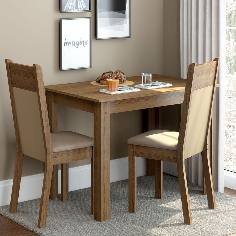 Conjunto Sala de Jantar Madesa Lola Mesa Tampo de Madeira com 2 Cadeiras Rustic/Crema/Sintético Bege