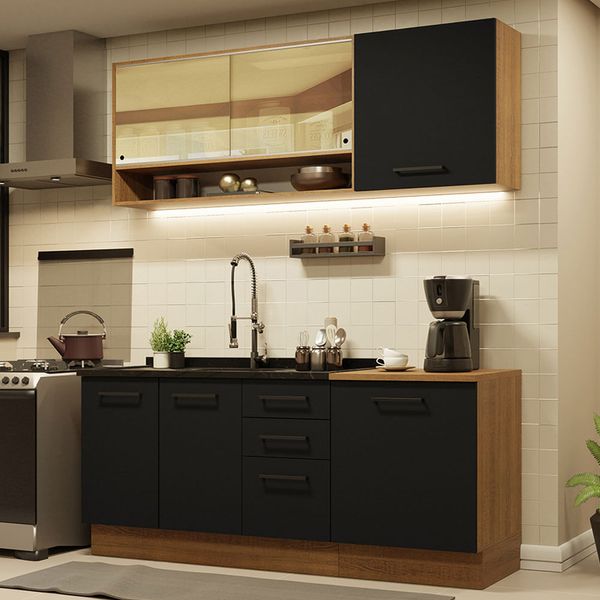 Armário de Cozinha Compacta 180cm Rustic Preto Agata Madesa 02 Cor:Rustic Preto