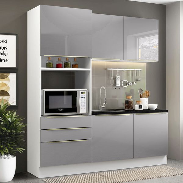 Armário de Cozinha Compacta 180cm Branco/Cinza Lux Madesa 01 Cor:Branco/Cinza