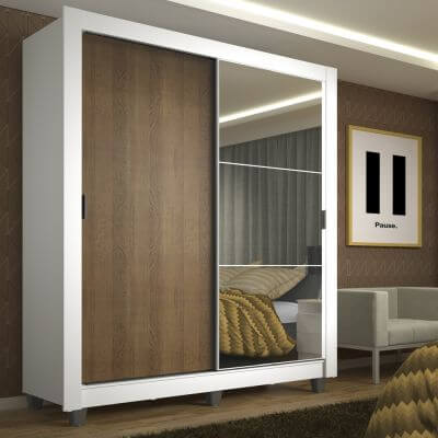 Guarda-Roupa Solteiro Madesa Denver 2 Portas de Correr com Espelho com Pés Branco/Rustic Cor:Branco/Rustic
