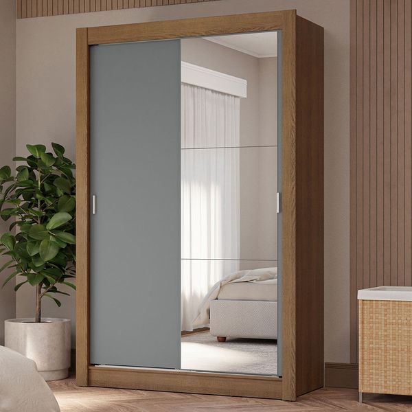 Guarda-Roupa Solteiro 2 Portas de Correr com Espelho 4 Gavetas Rustic/Cinza Vivare Plus Madesa Cor:Rustic/Cinza