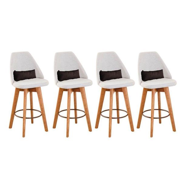 Kit 04 Banquetas Alta Maya Giratória Com Encosto Linho Bege Claro e Almofada Suede Marrom - Aurora Line
