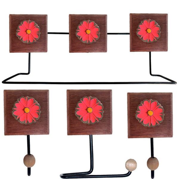 Kit Banheiro Com 2 Toalheiros + Porta Papel Higiênico + Toalheiro Rustico Artesanal Flores Coloridas 3d Cor Vermelho