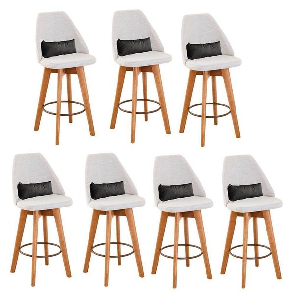Kit 07 Banquetas Alta Maya Giratória Com Encosto Gourmet Linho Bege e Almofada Suede Cinza - Aurora Line