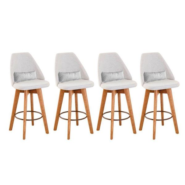 Kit 04 Banquetas Alta Maya Giratória Com Encosto Gourmet Linho Bege e Almofada Corino Branco - Aurora Line