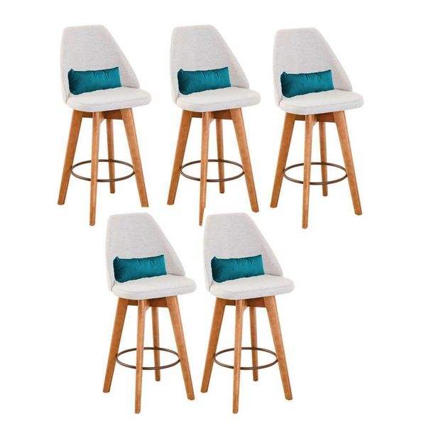 Kit 05 Banquetas Alta Maya Giratória Com Encosto Gourmet Linho Bege e Almofada Corino Azul Turquesa - Aurora Line