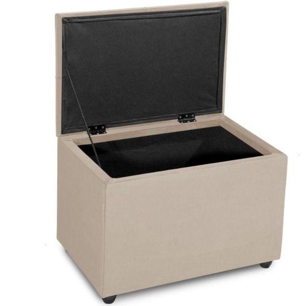 Puff Baú 60cm Porta Treco Madeira Veludo Estofado Premium Cor bege