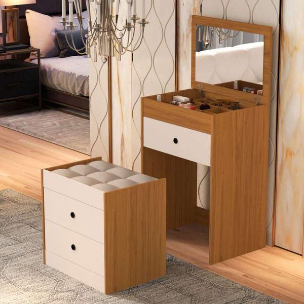 Penteadeira Cômoda Gaveteiro Com Banqueta Embutido 100% Mdf Espelho Basculante Nature/off White
