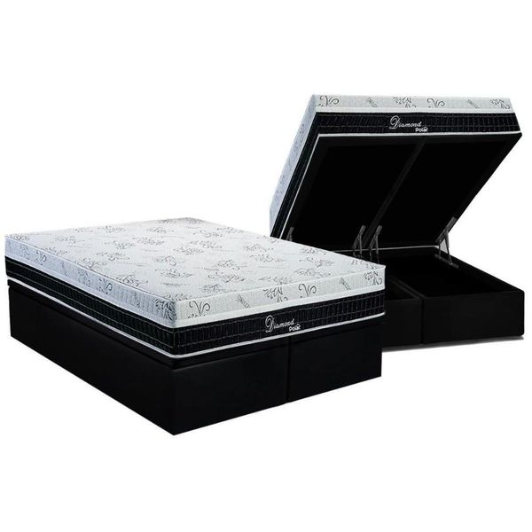 Cama Box Baú Queen: Colchão Molas Ensacadas Polar Superlastic Diamond + Base Crc Suede Black (158x198)