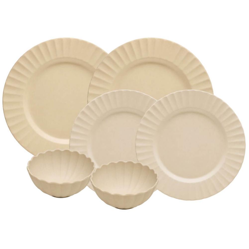 Jogo 6 Peças Pratos Raso Sobremesa Bowls Bege Melamina Lyor Mesa Posta Buffet Servir
