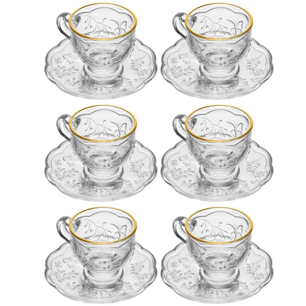 Cj 6 Xícaras de Chá com Píres New Butterfly Fio Ouro 80ml Cristal Ecologico Café Elegante