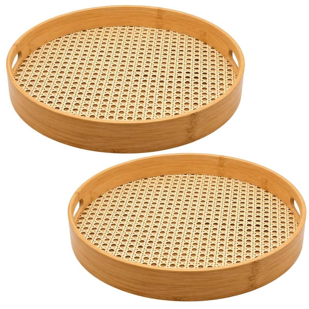 Jogo 2 Bandejas Redondas de Bambu 35cm Alça Textura Palhinha Indiana Oikos Multiuso Servir Decorar