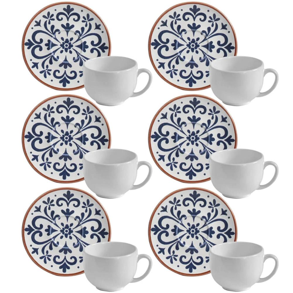 Jogo 6 Xícaras de Chá com Pires Branca e Azul 220ml Cerâmica Stoneware Coimbra Porto Brasil