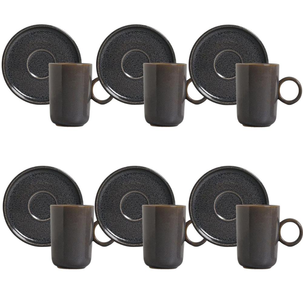 Jogo 6 Xícaras Cafezinho Com Pires 90ml Cerâmica Porto Brasil Day by Day Stoneware Azul Basic Dove