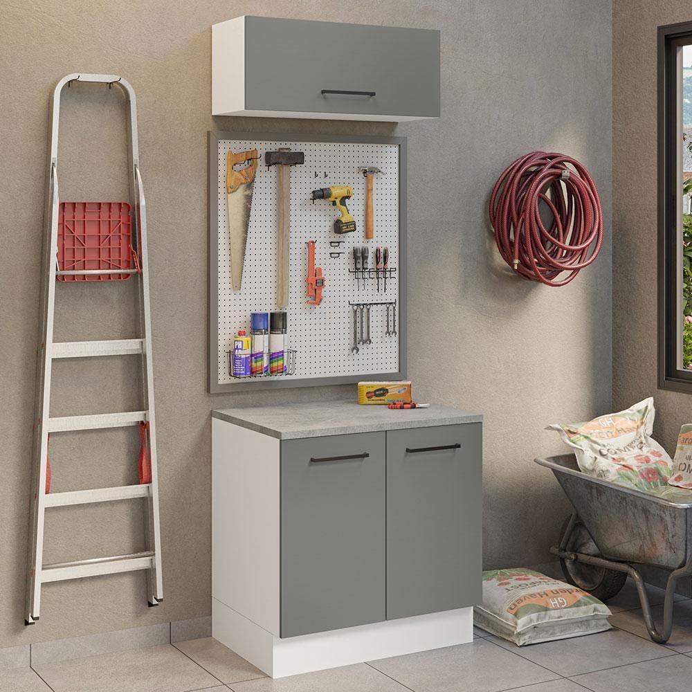 Kit Balcão E Armário Aéreo 80cm Branco/Cinza