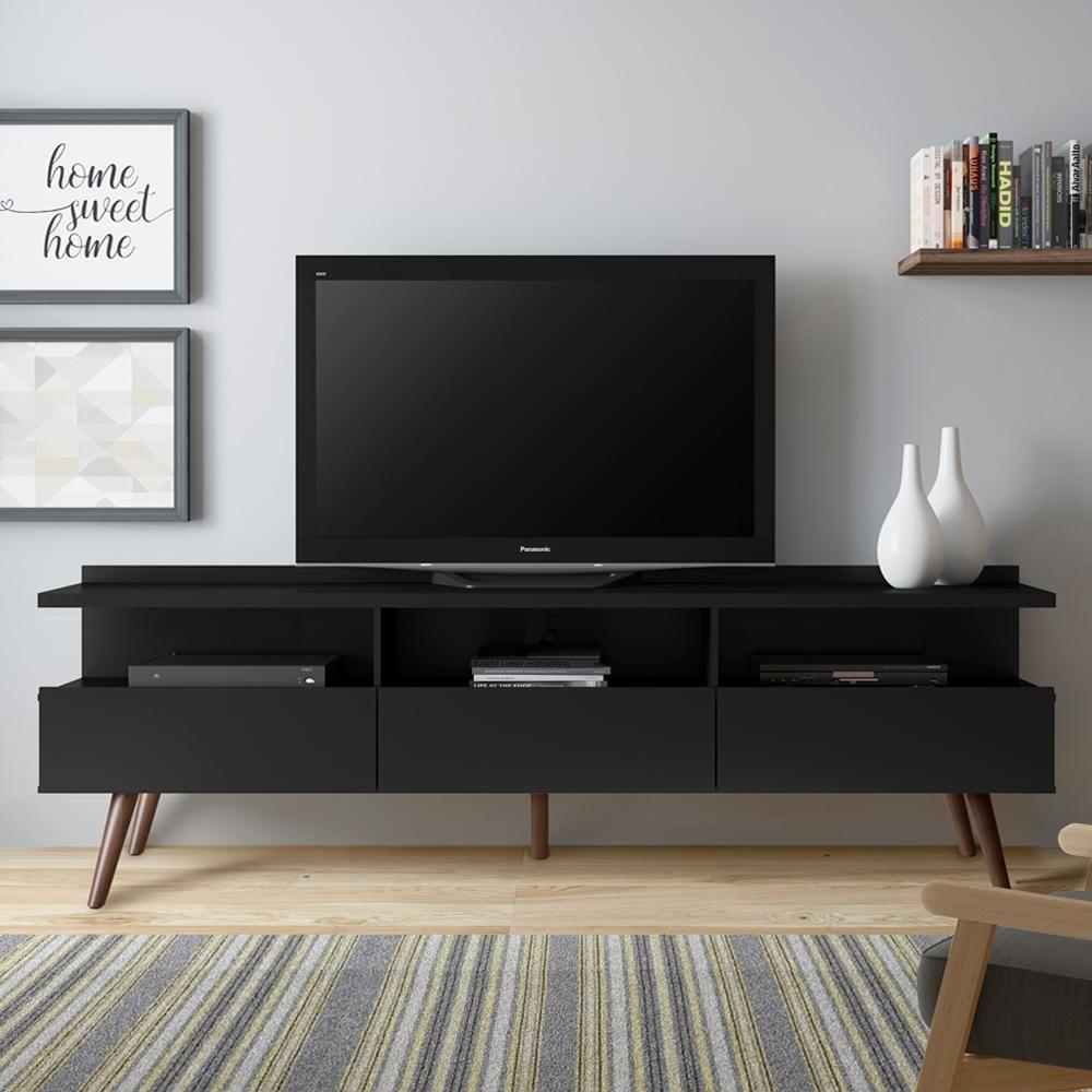 Rack Para Tv Até 65 Polegadas Madesa Londres Com Pés Retro Preto Texturizado