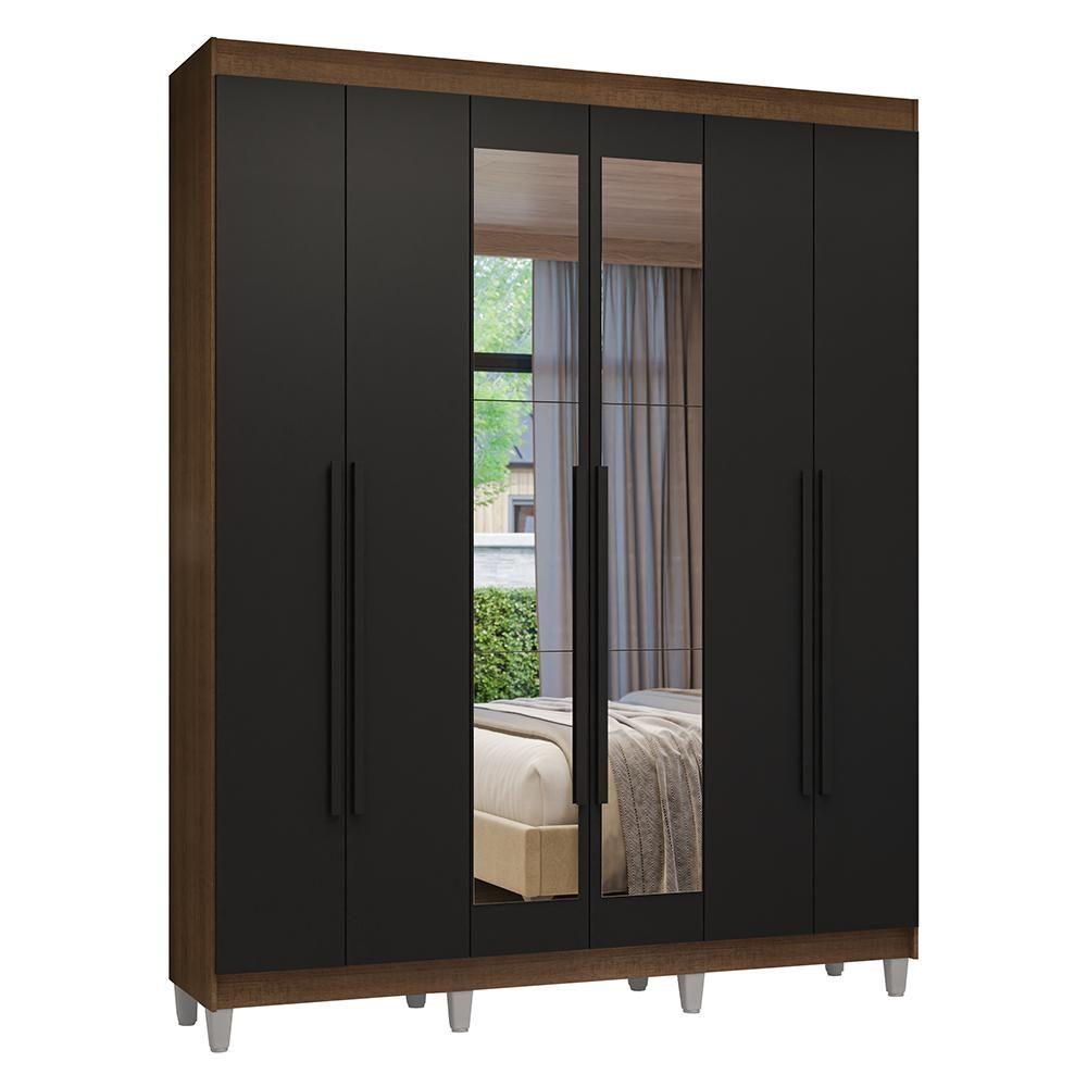 Guarda-roupa Casal Com Pés 6 Portas Batentes Com Espelho Rustic-preto-preto Venus Madesa