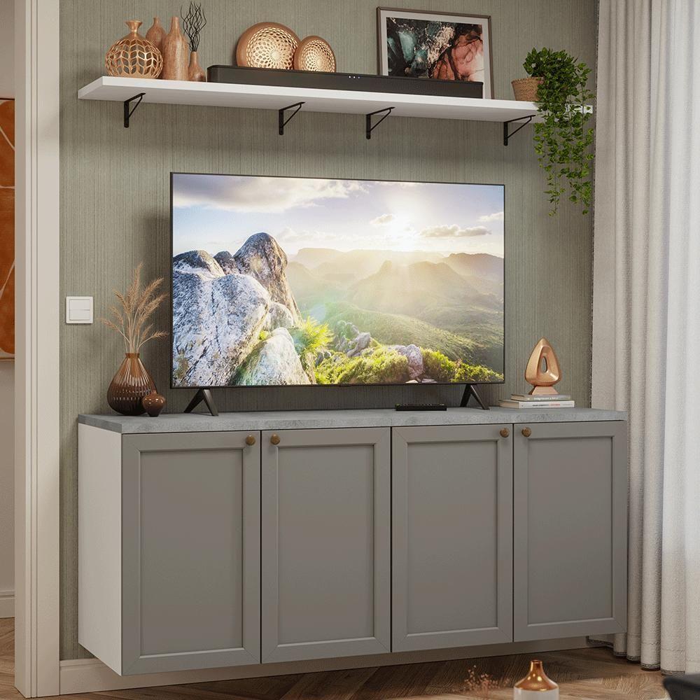 Rack Para Tv Até 70 Polegadas + Prateleiras 160cm Vik Madesa 05 Branco-cinza