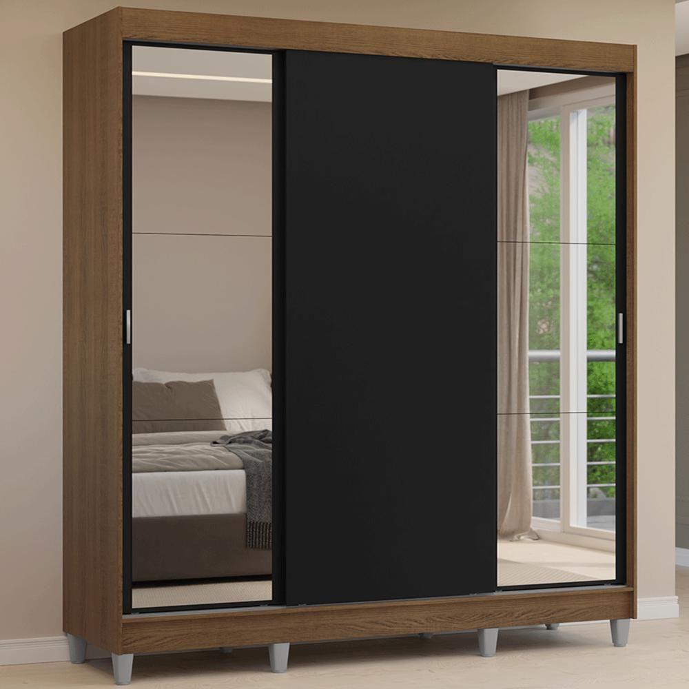 Guarda-roupa Casal Com Pés 3 Portas De Correr Com Espelhos Rustic Preto Reno Madesa