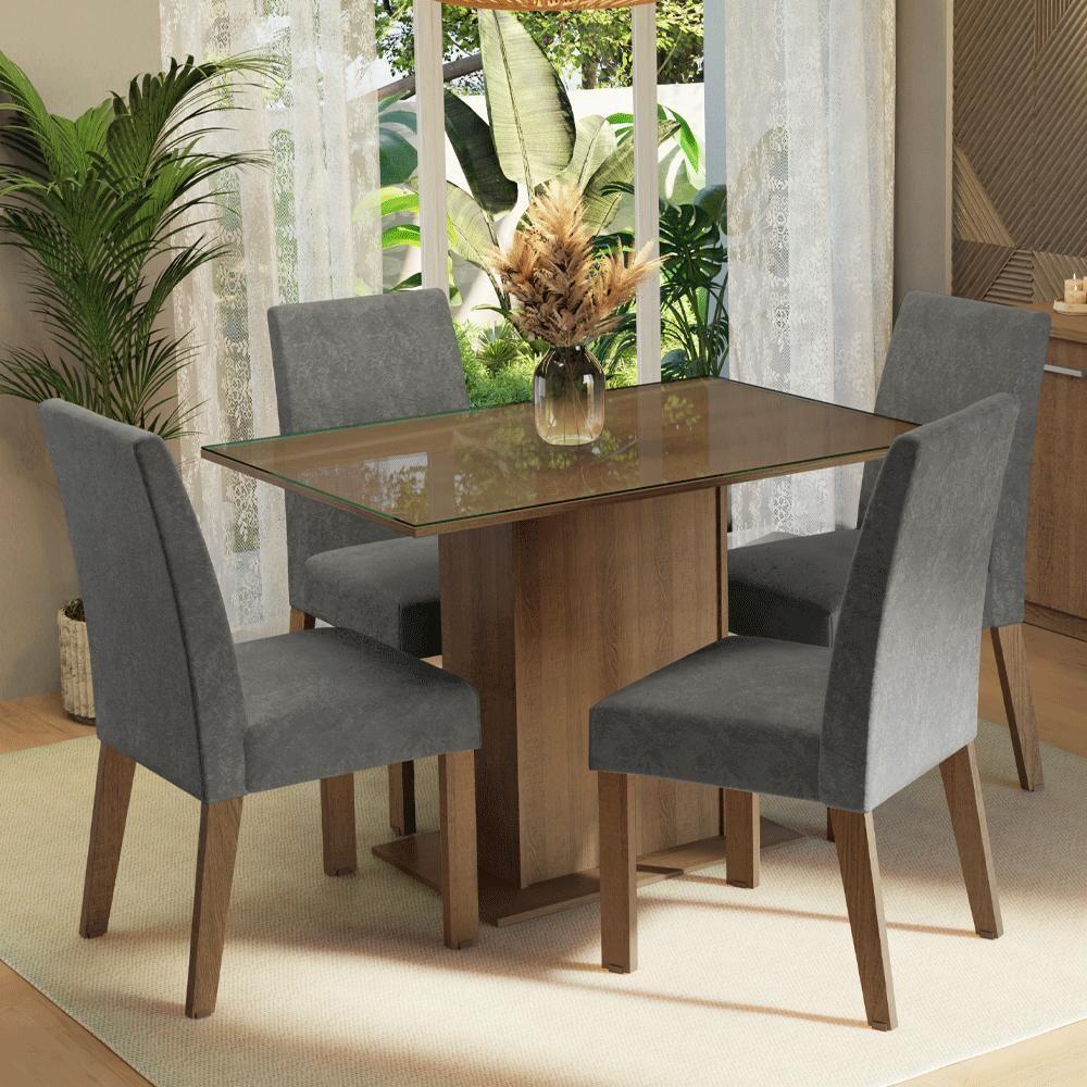 Conjunto Sala De Jantar Mesa Tampo De Vidro 4 Cadeiras Zion Madesa Rustic/silver