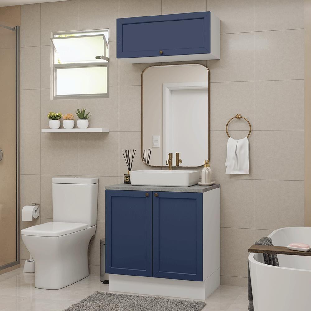 Conjunto Gabinete Para Banheiro 80cm 3 Portas Vik Madesa 02 Branco-azul