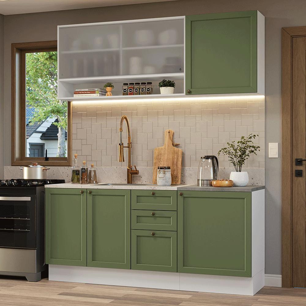 Armário De Cozinha Compacta 180 Cm Branco-verde Vik Madesa 03 Branco-verde