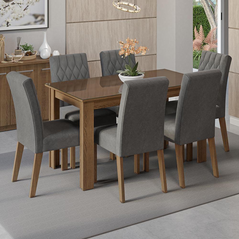 Conjunto Sala De Jantar Mesa Tampo De Vidro 6 Cadeiras Odara Madesa Rustic/silver