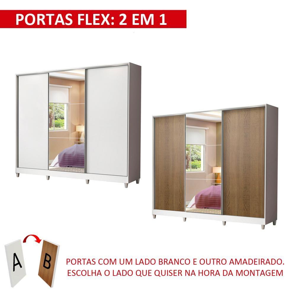 Guarda Roupa Casal 100% Mdf Madesa Zurique 3 Portas De Correr Com Espelho Com Pés - Branco/rustic