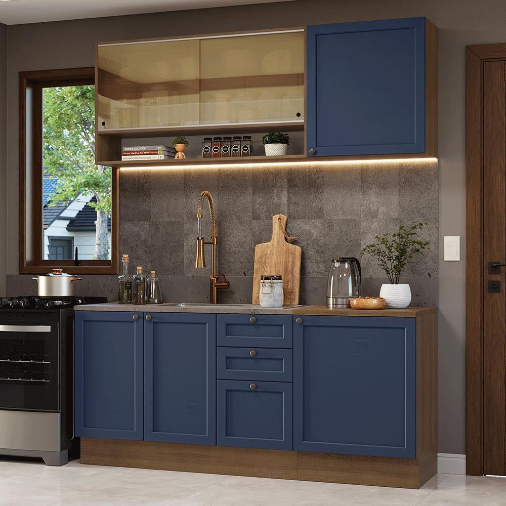 Armário De Cozinha Compacta 180 Cm Rustic-azul Vik Madesa 04 Rustic-azul