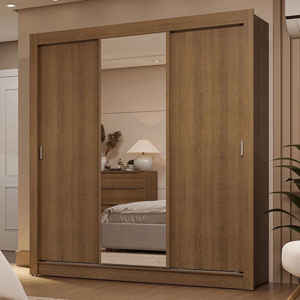 Guarda-roupa Casal 3 Portas Correr Espelho 2 Gavetas Rustic