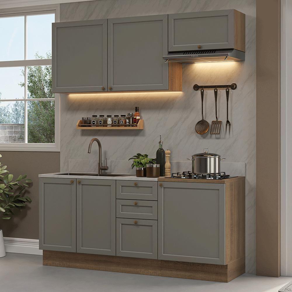 Armário De Cozinha Compacta 180 Cm Rustic/cinza Vik Madesa 01 Rustic/cinza
