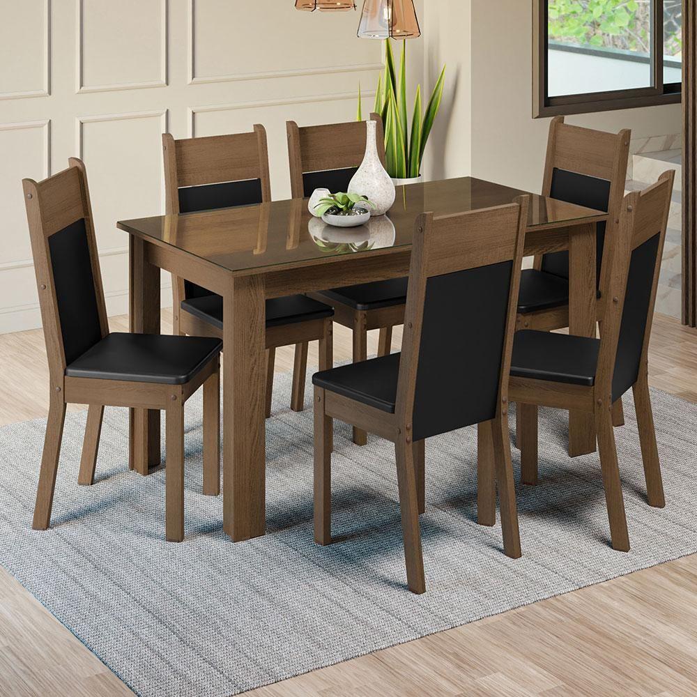 Conjunto Sala De Jantar Mesa Tampo De Vidro 6 Cadeiras Zoe Madesa Rustic/preto