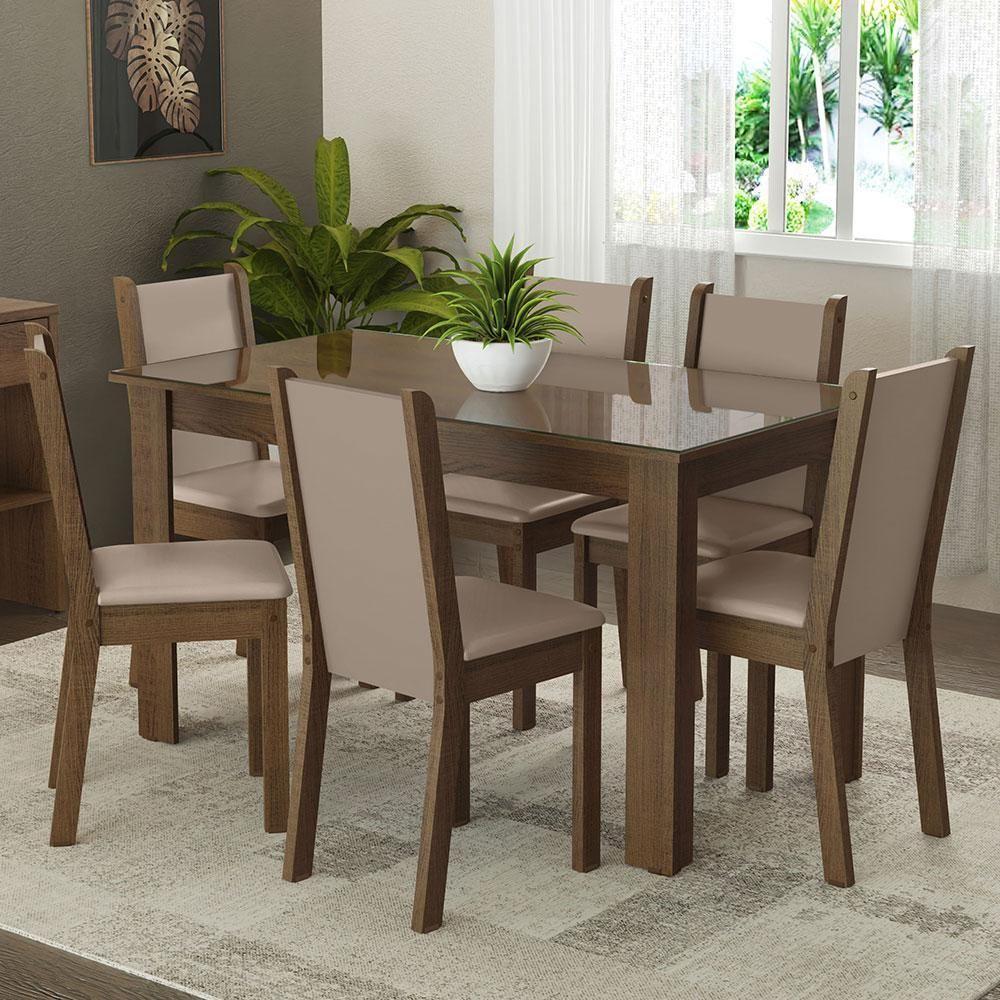 Sala Jantar Mesa Vidro 6 Cadeiras Rustic/crema