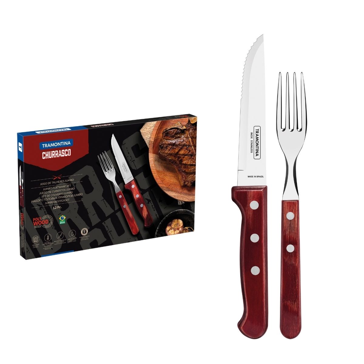 Jogo de Talheres para Churrasco Jumbo Tramontina Vermelho Polywood 12 Peças