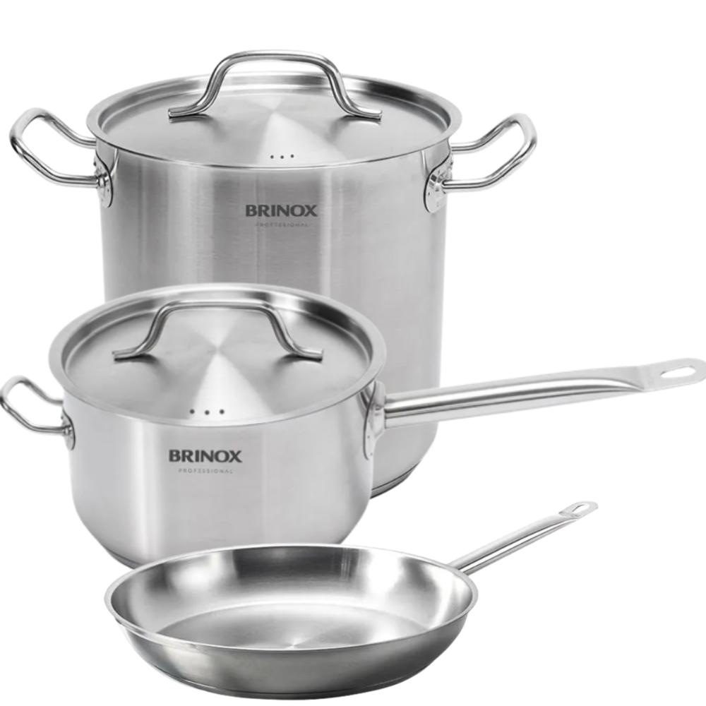 Jogo de Panelas Profissionais Inox Fundo Triplo Brinox 3 Peças 24cm Frigideira Caldeirão Caçarola