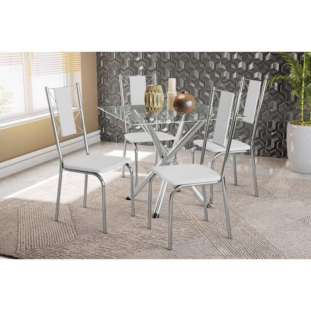 Sala De Jantar Completa Volga Com Tampo De Vidro 90cm E 4 Cadeiras Lisboa Cromada - Branco - Kappesberg