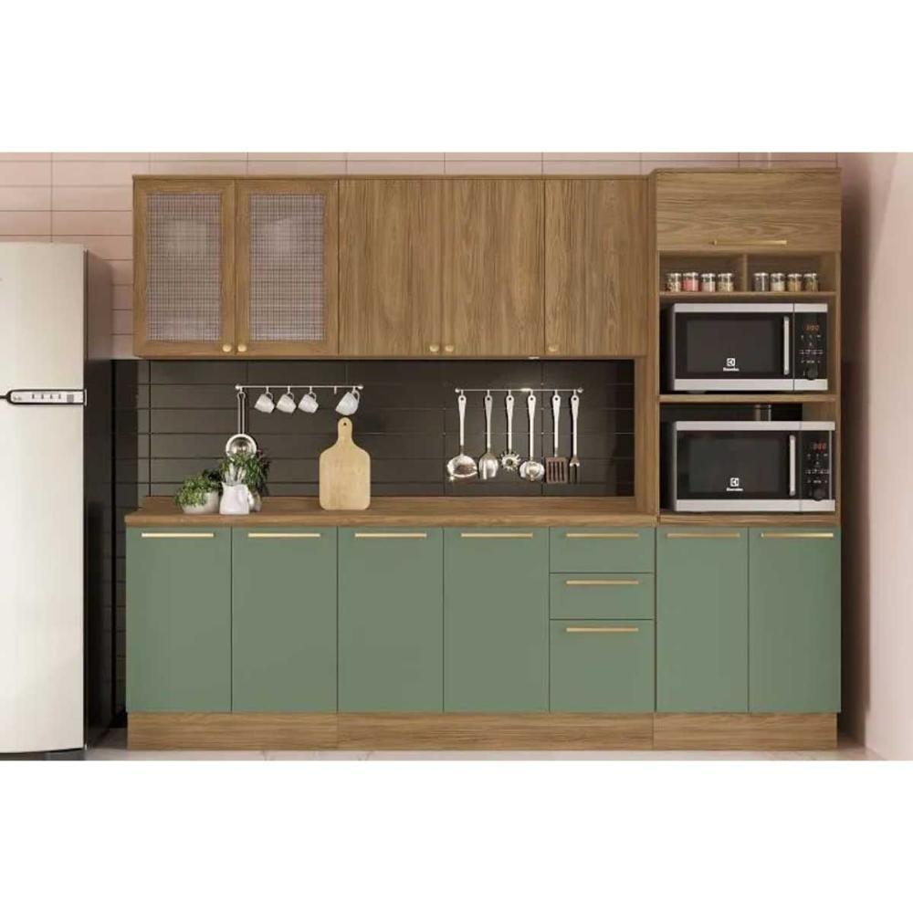 Cozinha Completa Botanic 7 Peças 2 Aéreos 2 Balcões 1 Paneleiro 2 Complementos C7p36 Nogueira Verde