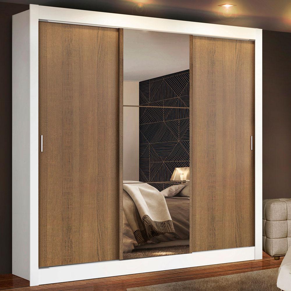 Guarda Roupa Casal 3 Portas de Correr com Espelho Branco/Rustic Madesa Mônaco